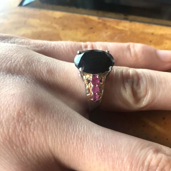 Natural Black Tourmaline Ruby Sterling Silver Ring Size 10 - Picture 2 of 6